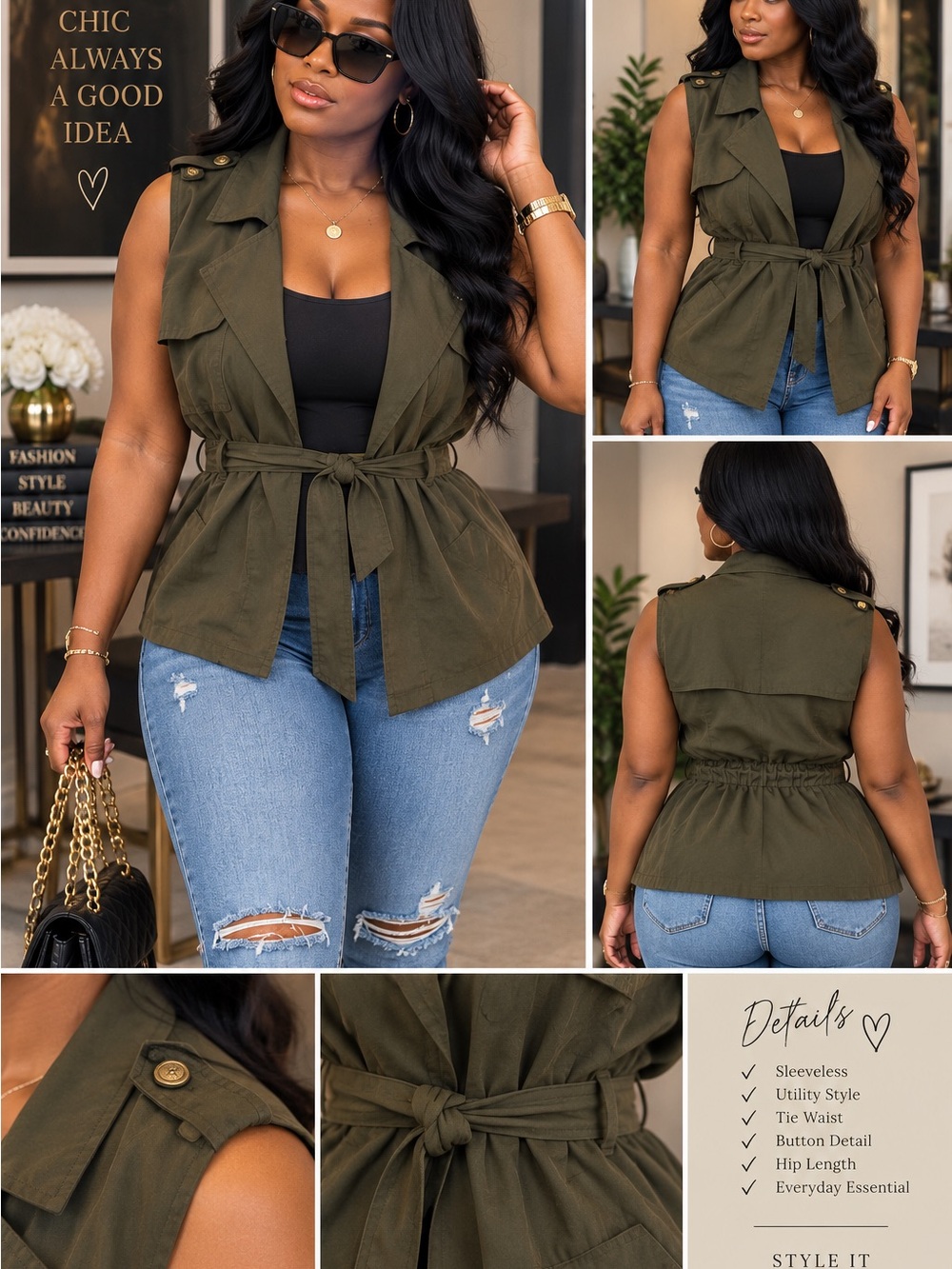 Sleeveless Tie-Waist Utility Vest Jacket in Olive Green